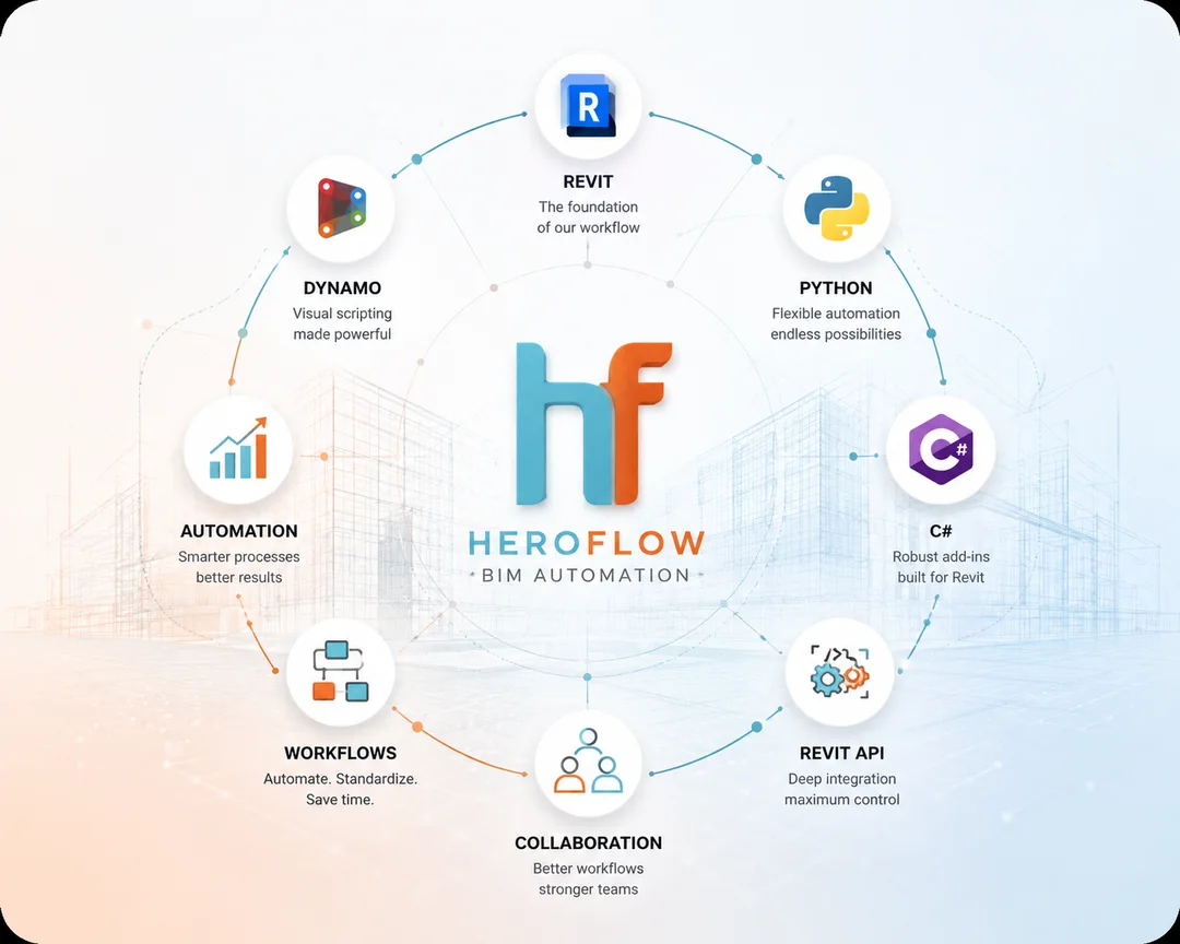 The HeroFlow ecosystem: Revit, Python, C#, the Revit API, collaboration, workflows, automation and Dynamo arranged around the HeroFlow logo