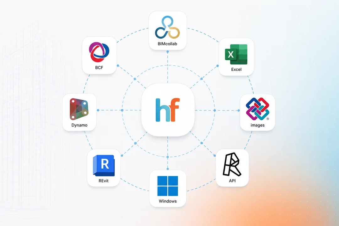 The HeroFlow logo at the centre of a ring of connected tools: BIMcollab, Excel, custom APIs, Windows, Revit, Dynamo and BCF