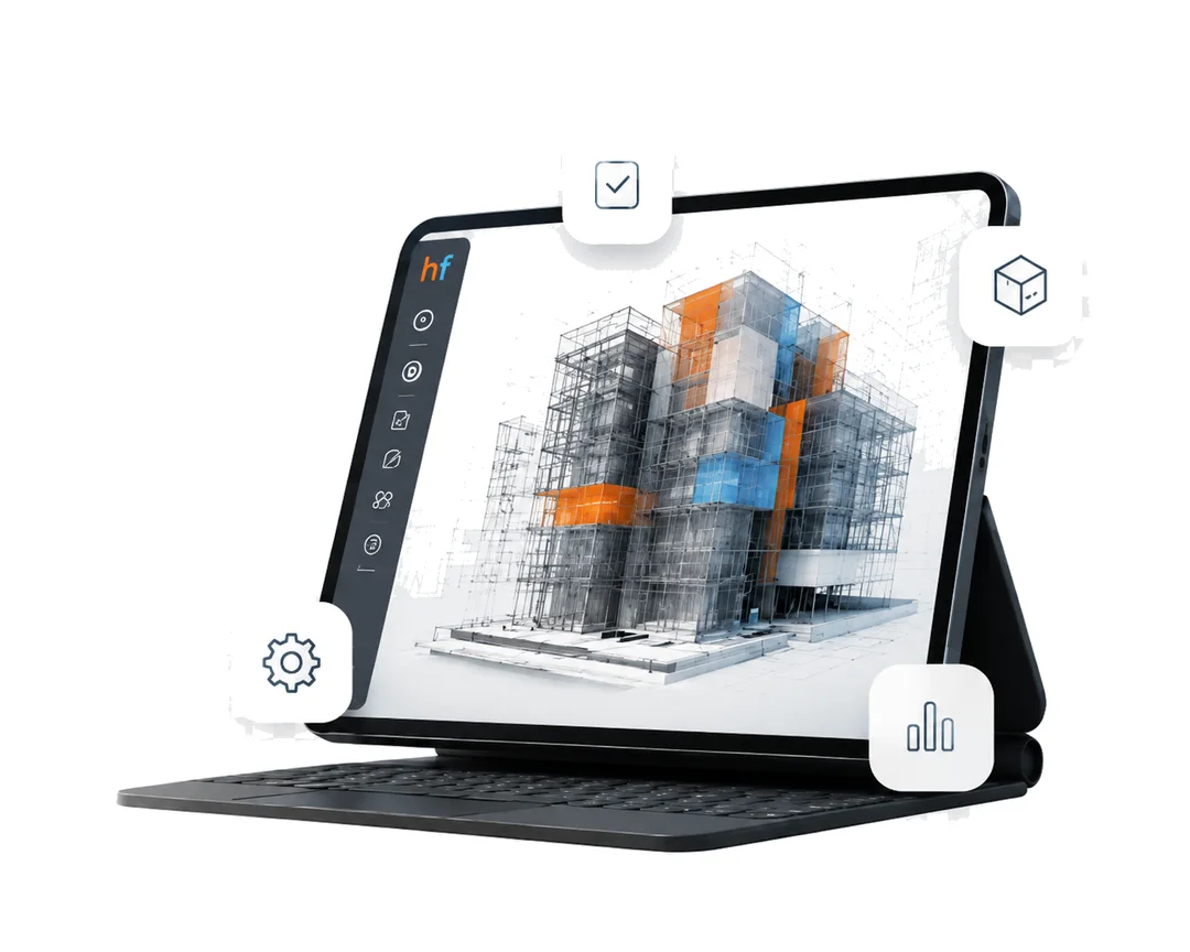 HeroFlow running on a tablet, showing a coordinated Revit model